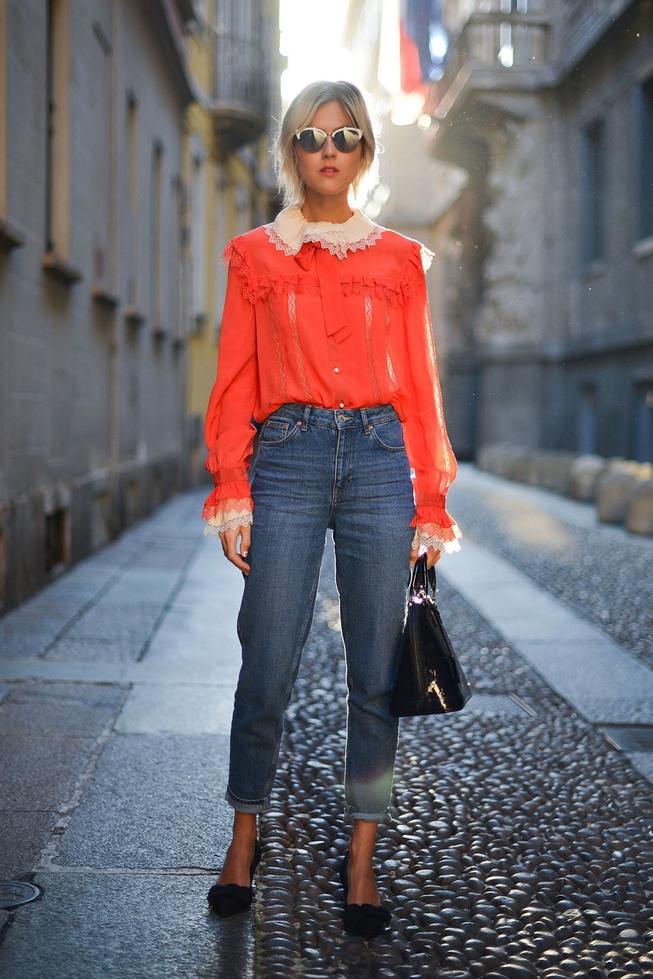 秋季 2015 denim street style milan fashion week cropped red blouse