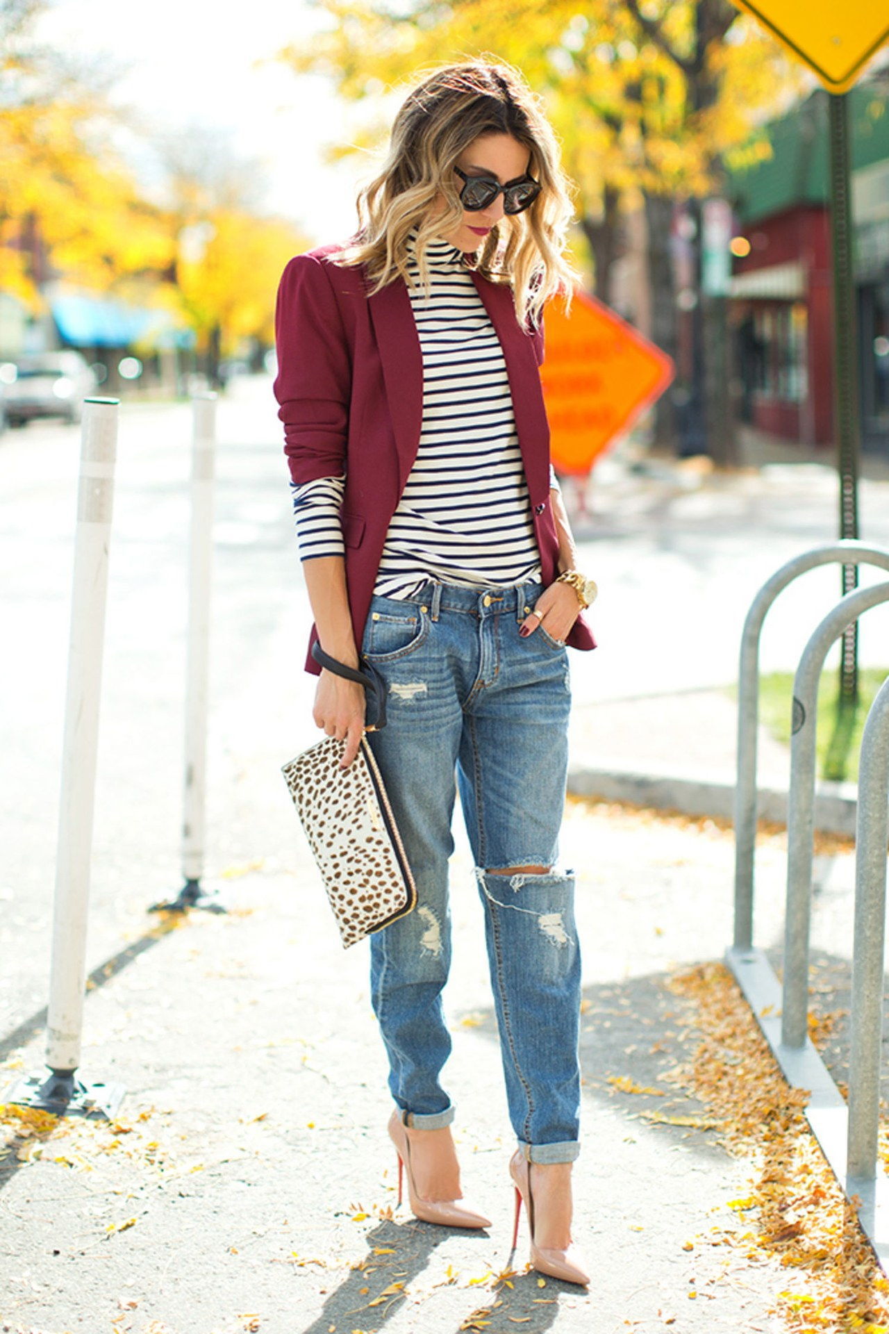 خريف turtleneck striped blazer jeans hello fashion
