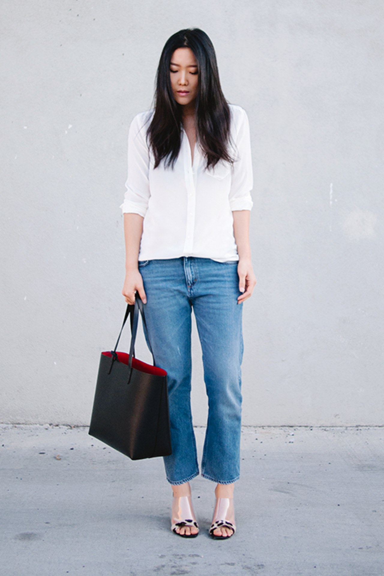 white shirt outfit ideas weekend jeans statement heels andy heart