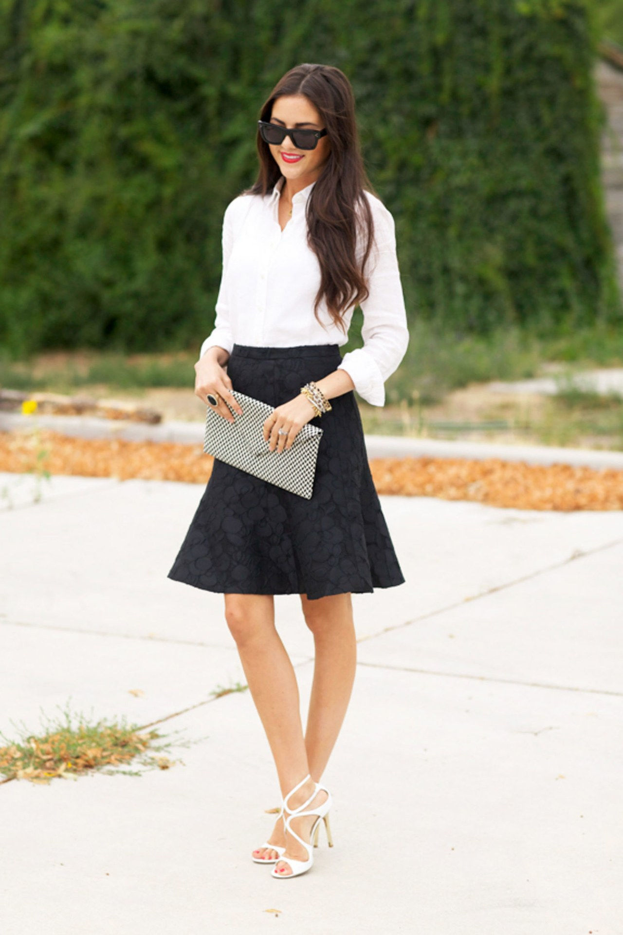 white shirt outfit ideas date flare skirt heels pink peonies