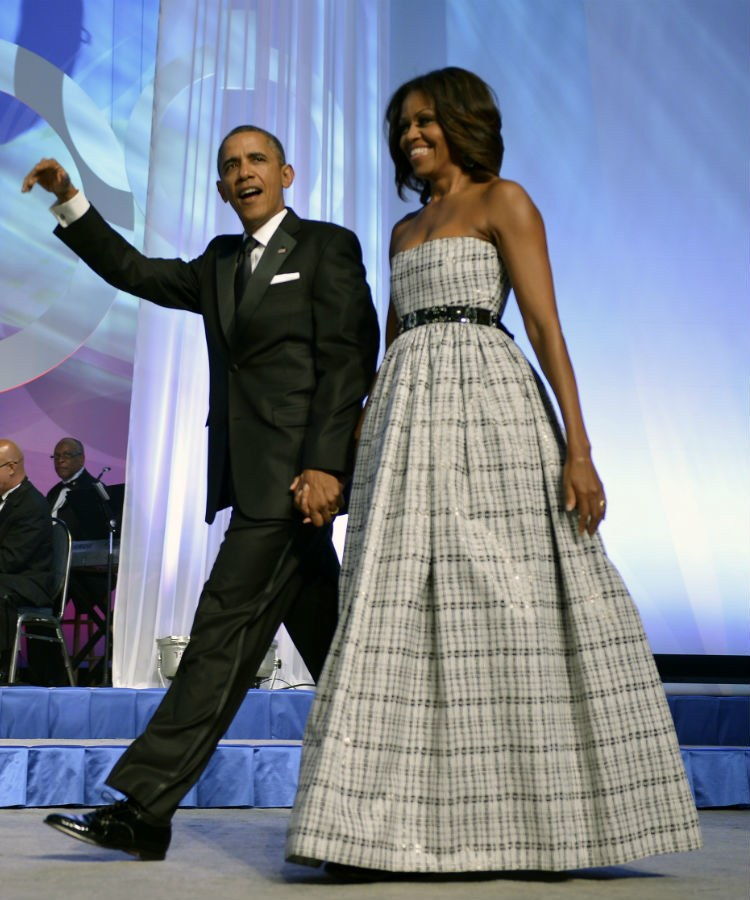 Michelle Obama wearing Naeem Khan and J.Crew belt. 