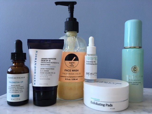 *De left to right: [Skinceuticals Phloretin CF](http://rstyle.me/~83IHu), [Naturopathica Lavender Protective Cream SPF 30](http://rstyle.me/~83Jus), [Earth Tu Face Face Wash](http://rstyle.me/~83K1N), [BeautyRx Essential 8% Exfoliating Serum](http://rstyle.me/~83Kaj), [BeautyRx Exfoliating Pads](http://rstyle.me/~83KfG), [Tatcha Pore Perfecting Water Gel Moisturizer](https://www.tatcha.com/shop/pore-perfecting-water-gel-moisturizer)*
