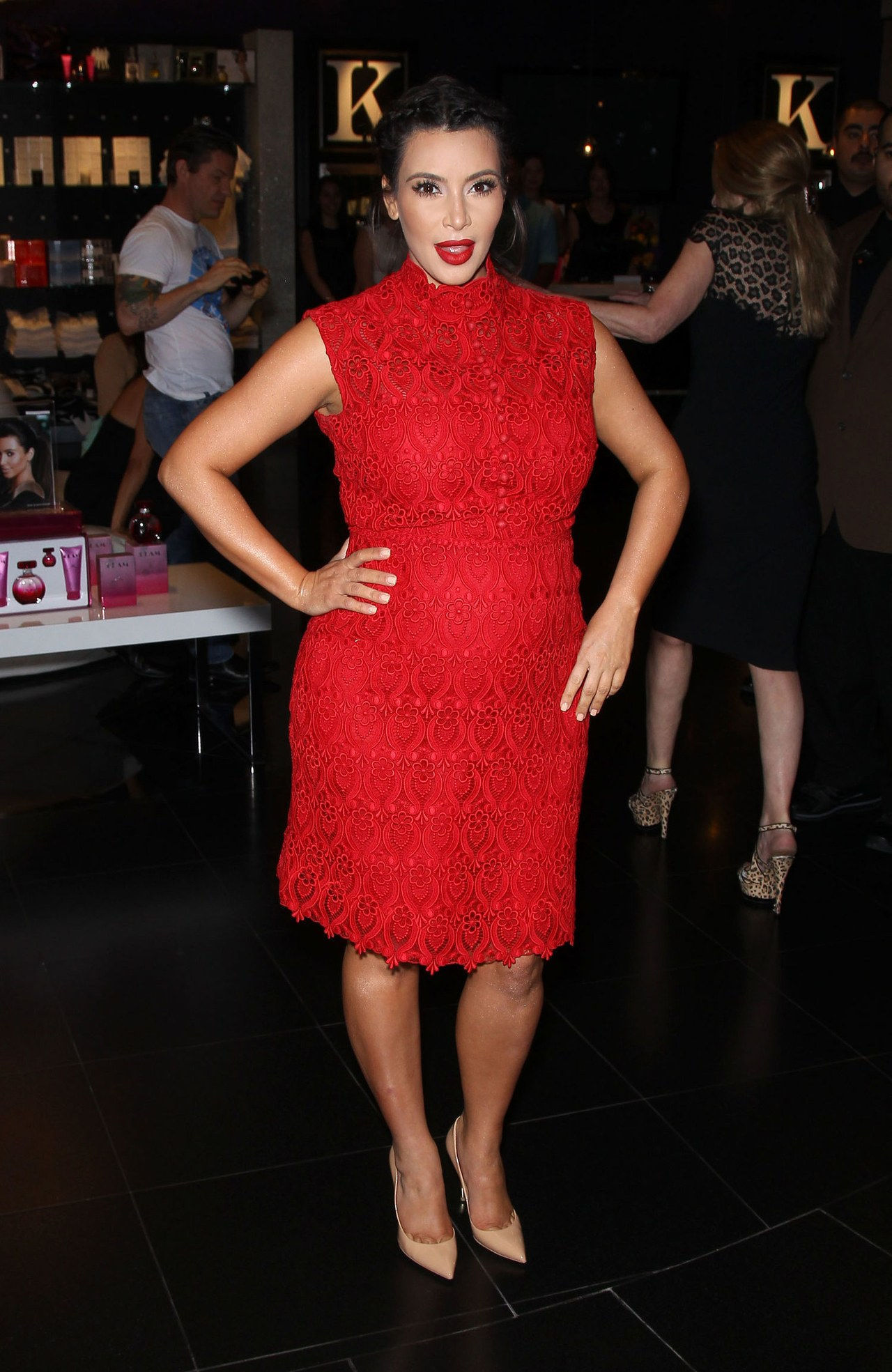 Kim Kardashian West in a Red Lace Shift Dress, April 2013