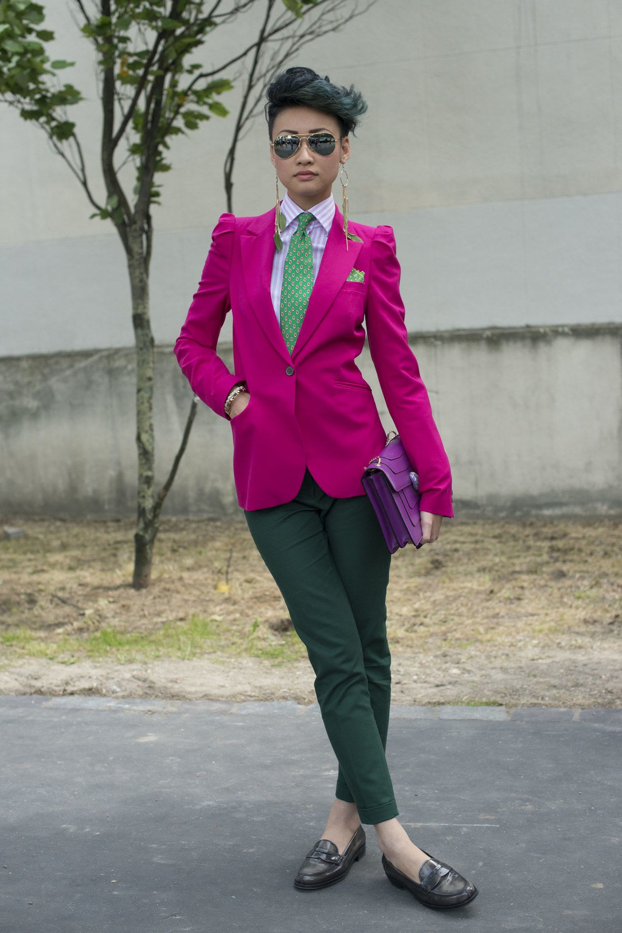 esther quek street style pink blazer green pants