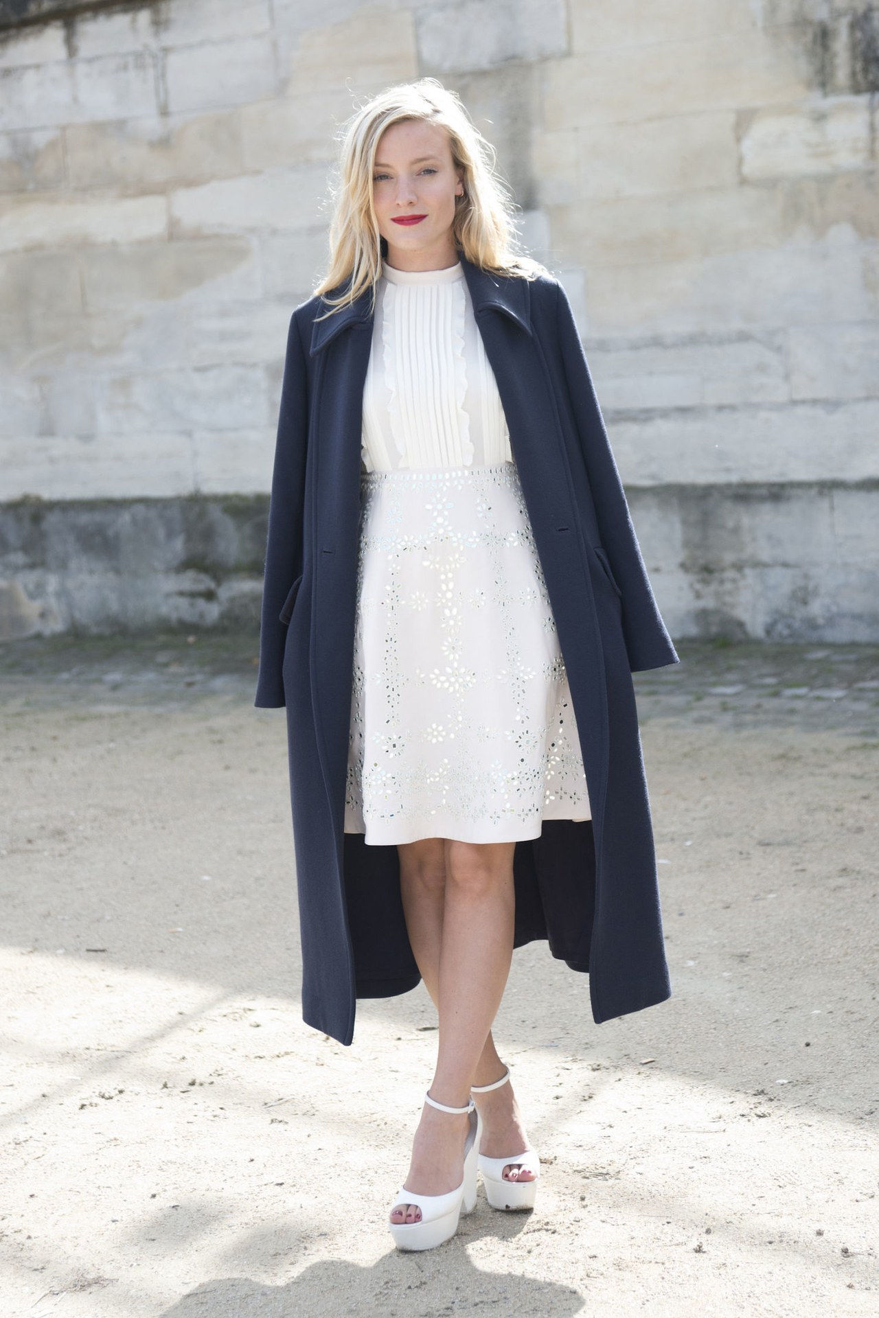11 valentines day outfit idea white lace dress navy coat