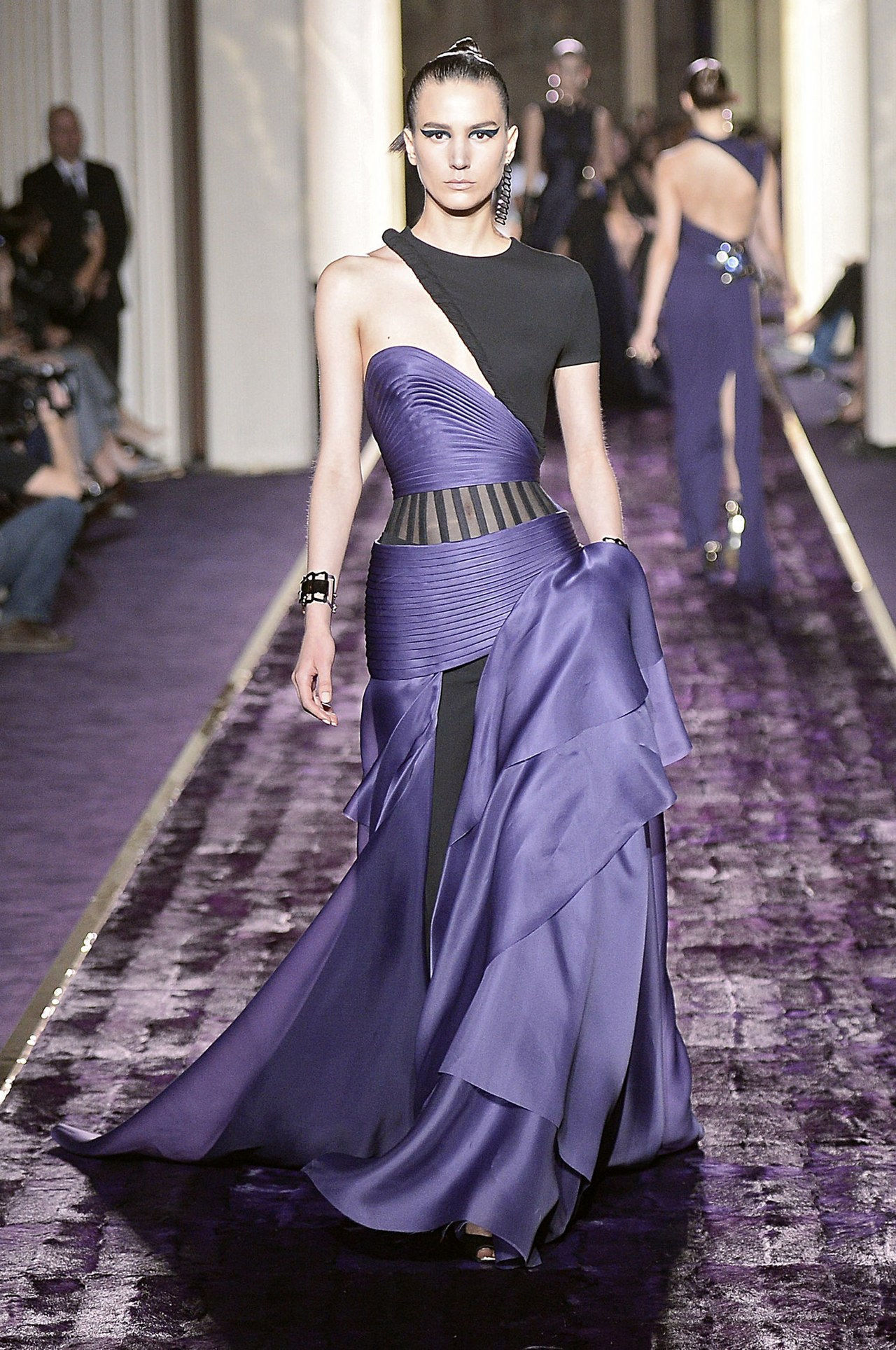 versace couture show runway purple black dress