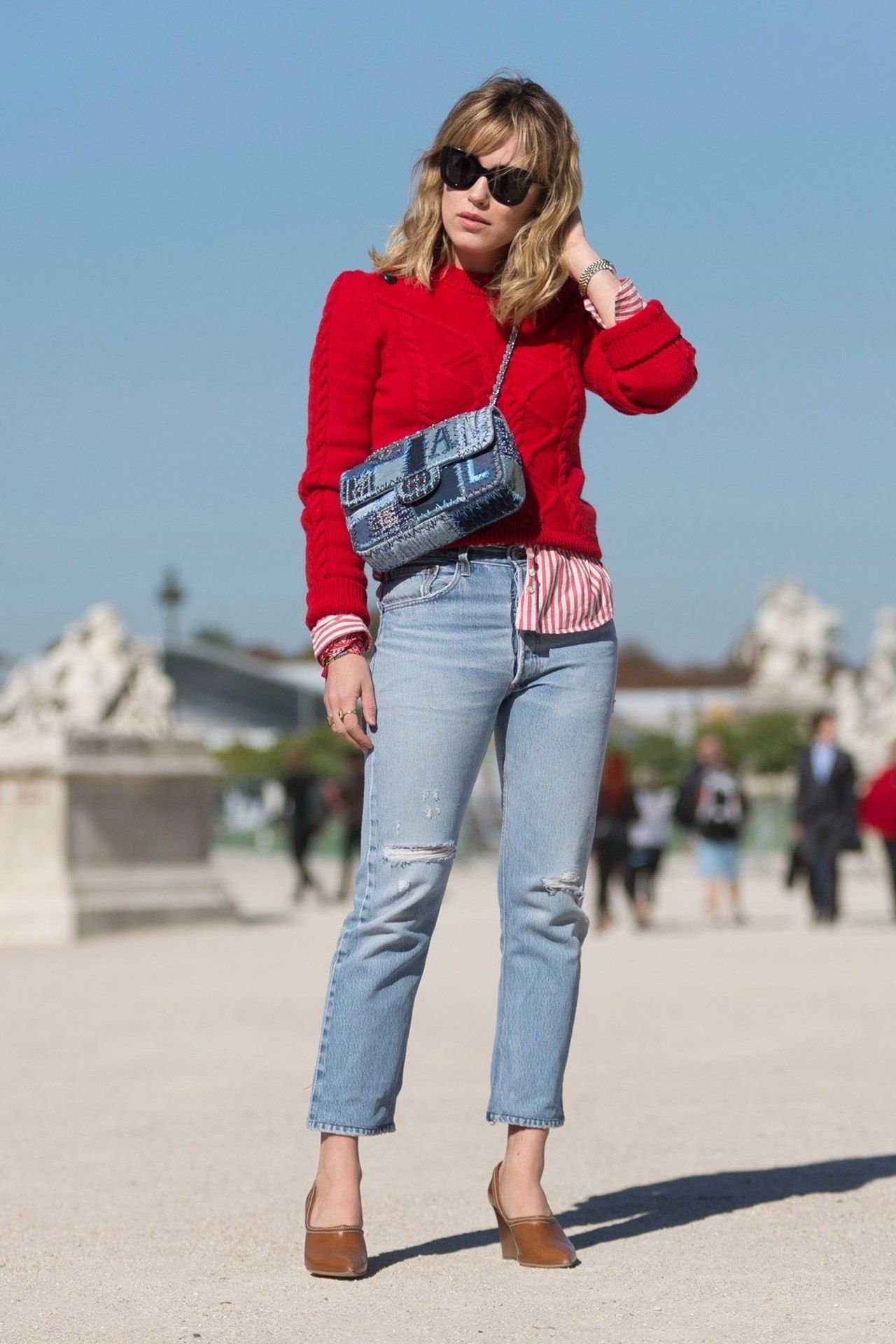 zima red outfit ideas melodie jeng sweater button down jeans