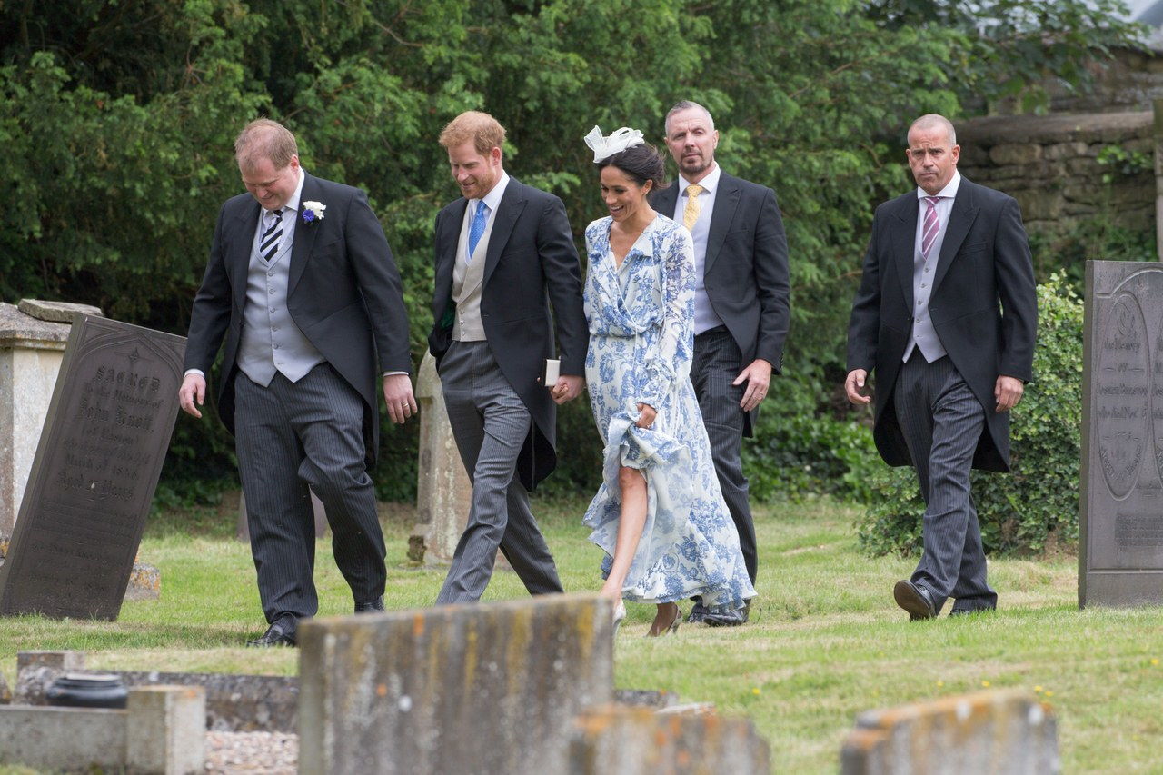 Meghan Duchess Of Sussex And Prince Harry Duke Of Sussex Arriving For The Wedding Of Celia McCorquodale In Stoke Rochford