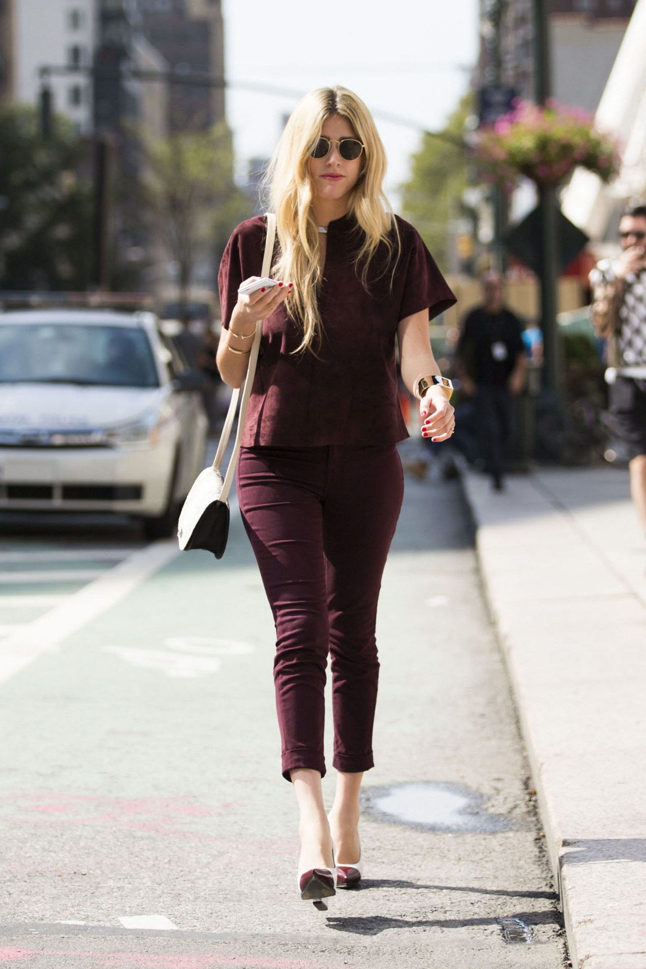 first day of fall outfit idea burgundy matching top pants