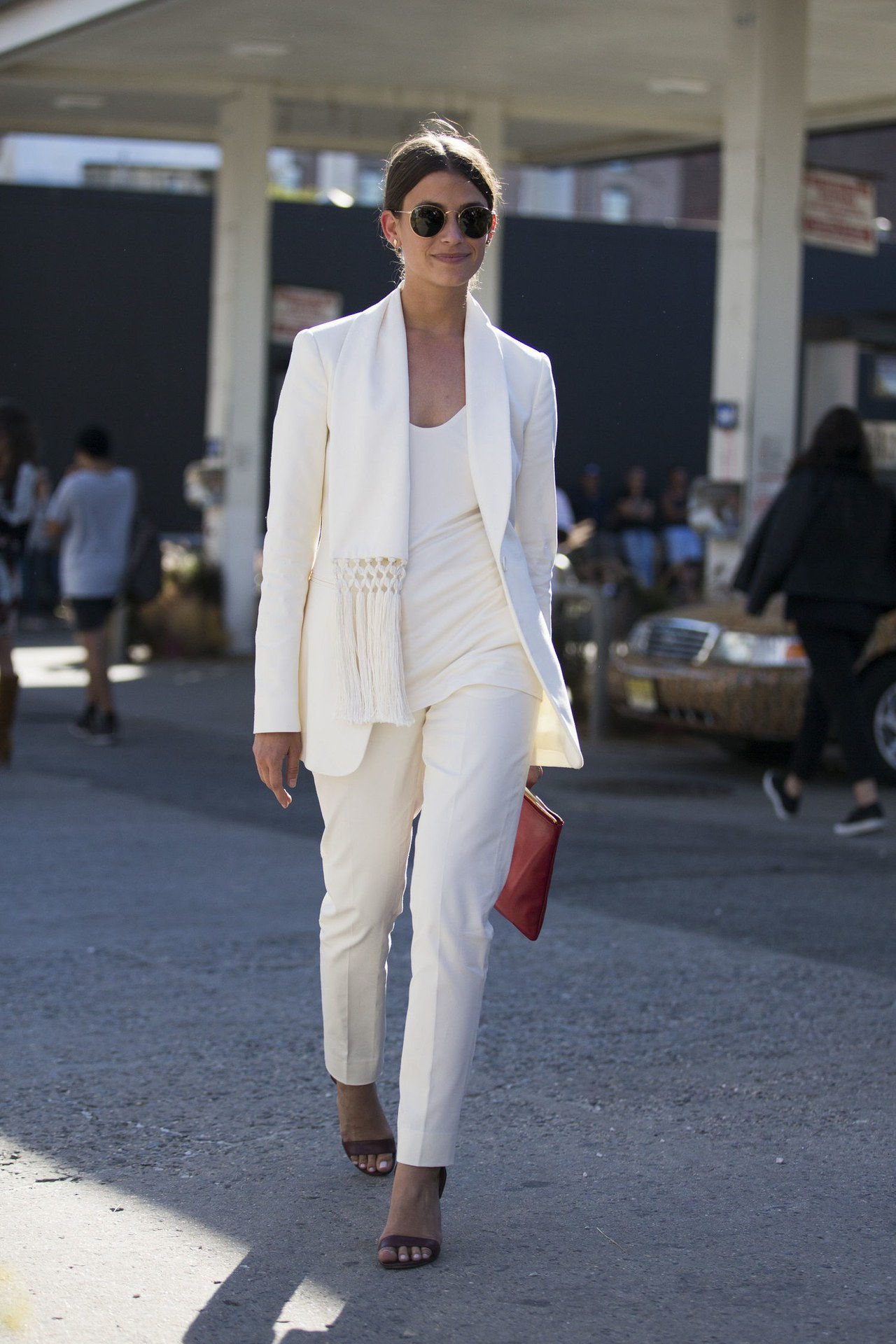 first day of fall outfit idea white suit
