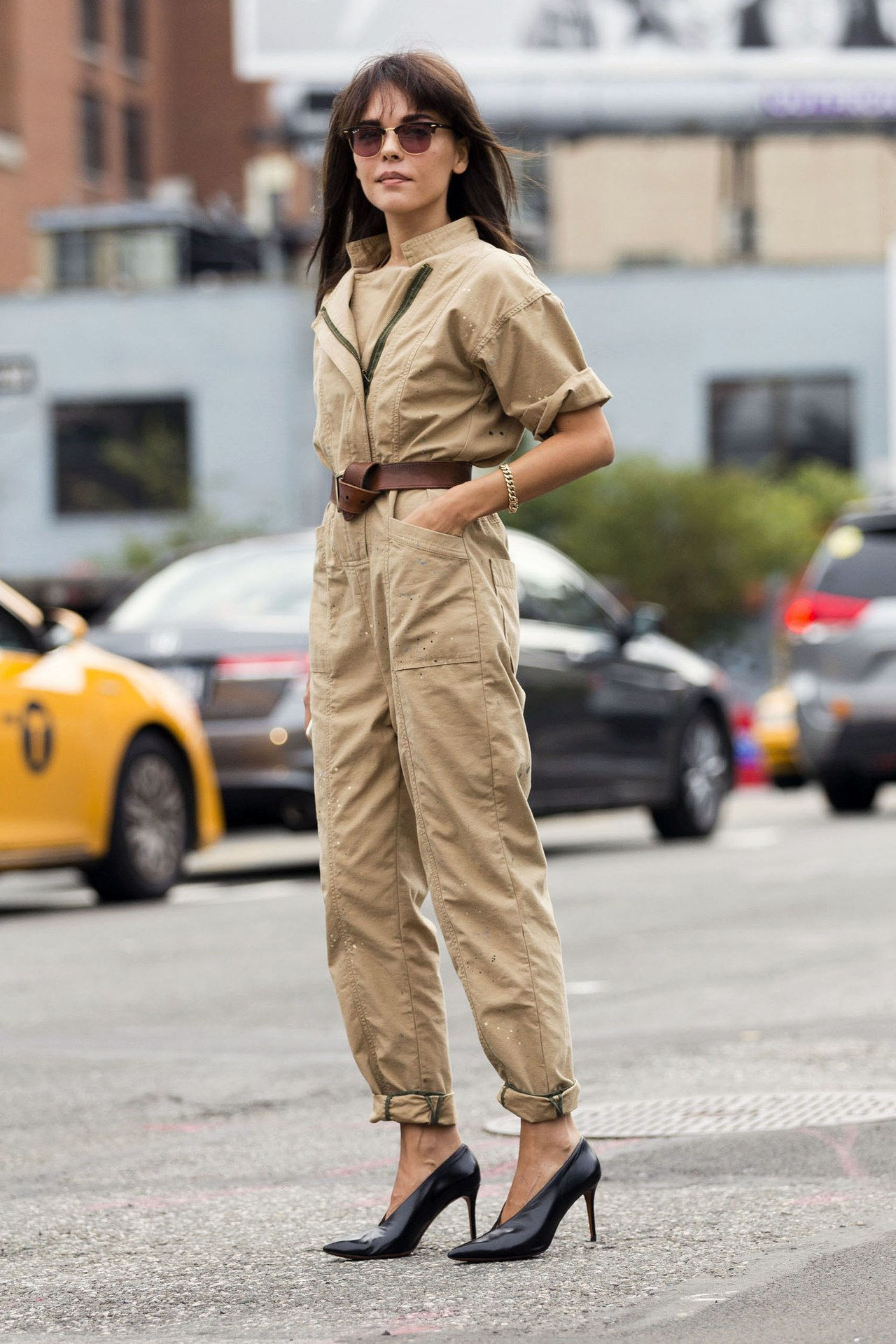 first day of fall outfit idea khaki utility jumpsuit
