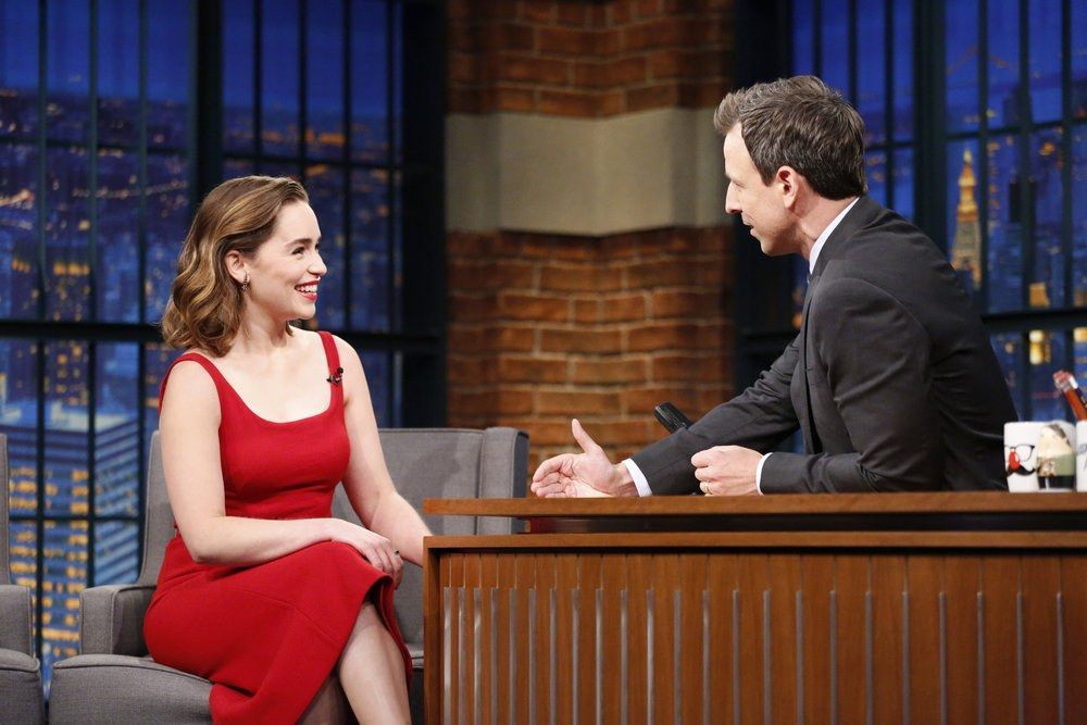 SENT NIGHT WITH SETH MEYERS -- Episode 375 -- Pictured: (l-r) Actress Emilia Clarke during an interview with host Seth Meyers on May 24, 2016 -- (Photo by: Lloyd Bishop/NBC)